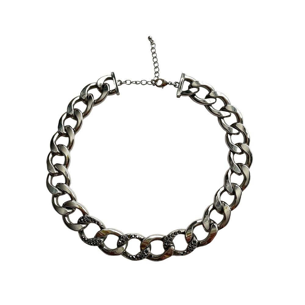 Lane Bryant heavy silver chain link necklace black stones chunky 19.5" X 3/4"